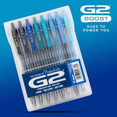 PILOT G2 Gel Roller Pens, G2 Boost Blue Pens Pack, 8 Pack Pouch, Assorted