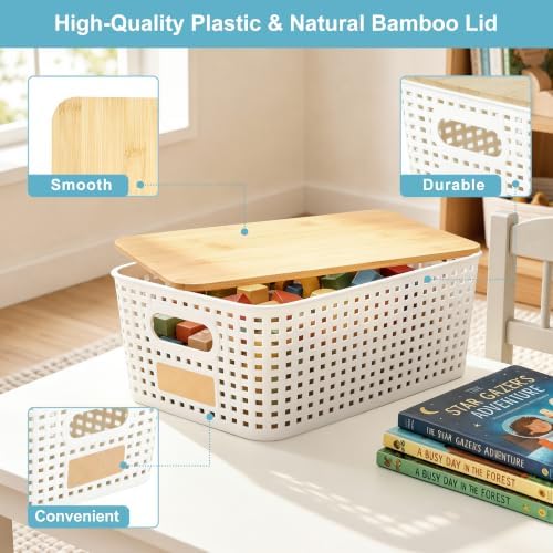 Bagnizer Small Plastic Storage Bins with Bamboo Lids 5.2qt Stackable Box Basket Pantry Decorative Containers Cute with Labels for Organizing Desktop Closet Office Cream White of 6 packs 10*7.2*4.1"
