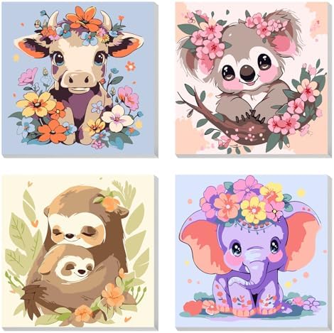 4 Pack Paint by Numbers Kit for Kids Paints by Number Kits Age 4-8 Painting Kits for Kids Ages 8-12 Girls Framed Canvas Paint by Number Animals Drawing Kit Color by Number for Beginners 8x8 Inch