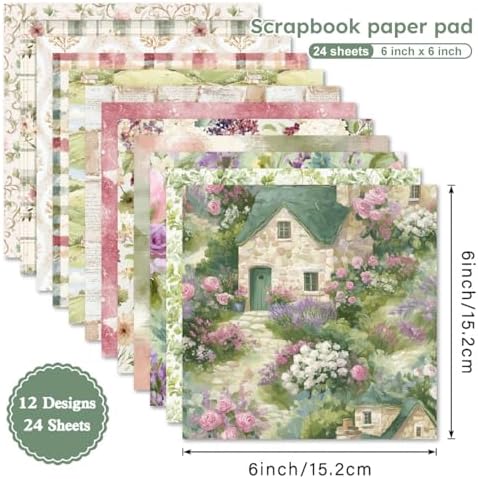 Retro Cottagecore Scrapbooking Paper Pad - 24 Sheets 6in Pink Garden Aesthetic Patterned Decorative for Origami Decoupage Journals Wrapping Folded Supplies Gift Cards DIY Crafts Photo Album