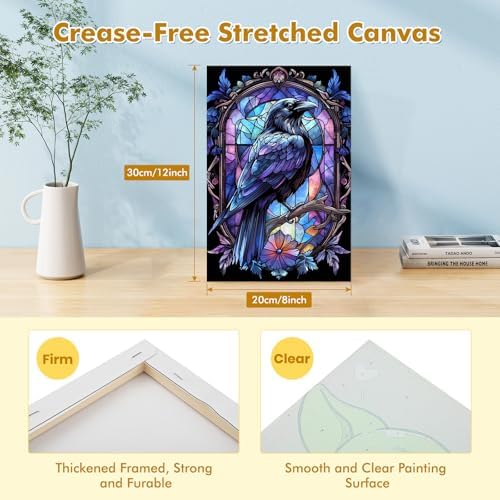 Bowetile Raven Stained Glass Framed Paint by Numbers for Adults, Gothic Crow Adults' Paint-by-Number Kits on Canvas, Acrylic Number Painting Kits Halloween Gifts for Home Decor, 8x12in