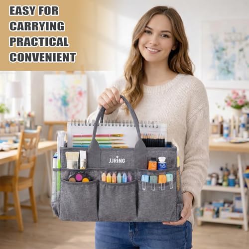 JJRING Large Art Supply Storage Tote Bag With Mesh Pockets, Green