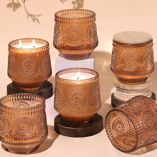 LAMORGIFT 6 Pack Terracotta Candle Jars for Making Candles- Large 13.5oz Glass Jars with Wooden Lids and Labels, Empty Candle Jar Containers Vessels for Candle Making Supplies