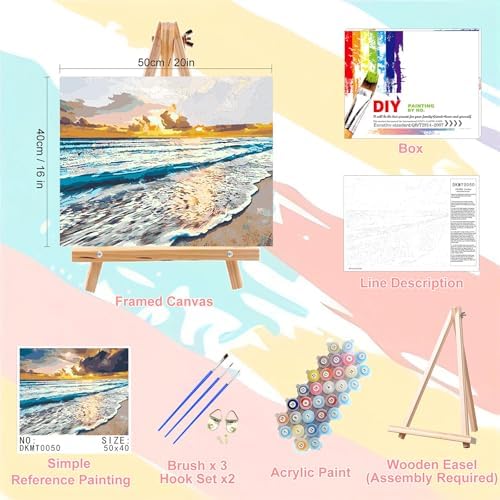 Beach Paint by Numbers for Adults with Framed Canvas - with Wooden Easel