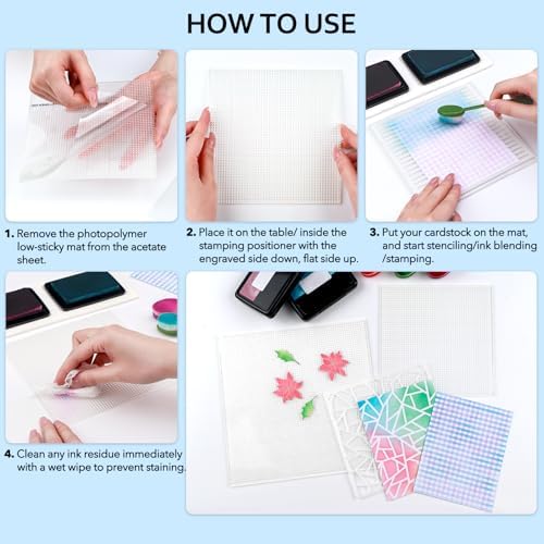 2PCSLow Tack Sticky Mat with Grid for Stamping Stenciling Ink Blending Clear Photopolymer Craft Low Tacky Mat Stamp Mat and fixed Stamp Blending DIY Projects Paper Card Scrapbooking ink blending fixed