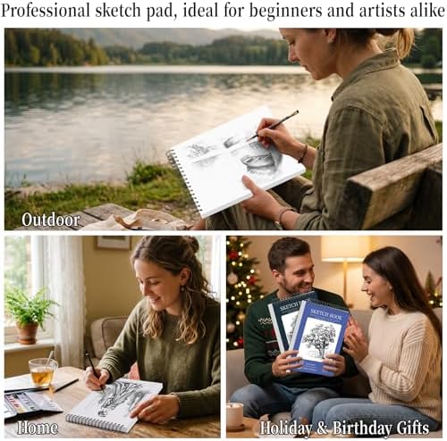 6 Pack Sketch Books Bulk 9x12 Inch Large Top Spiral Bound Sketch Pads 600 Total Sheets 6-Color Sketchbook Set 68lb/100gsm Acid-Free Drawing Paper for Students Beginners Artists Classroom Art Supplies