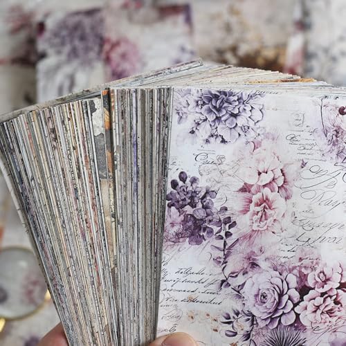 160 Sheets Vintage Flower Scrapbook Paper, Junk Journal Supplies, Purple Pink Flowers with Cursive Script No Repeating Perfect for Junk Journal DIY Cards Craft Albums Scrapbooking Supplies (Purple)