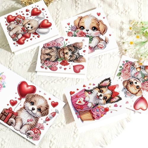 LazyFold 6 Pcs Diamond Art Painting Greeting Cards Kits, DIY Cute Puppy Handmade Festival Greeting Cards with Envelopes Diamond Art Crafts Birthday Cards Creative Valentine's Day Gift