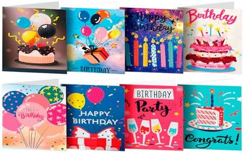 ACSAUMMY Diamond Art Painting Happy Birthday Cards, 8 Packs DIY 5D Diamond Greeting Cards Kits for Adults Diamond Art Birthday Cards with Envelopes Birthday Gifts for Families, Friends, Partners
