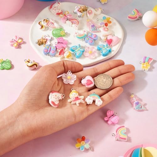 Cheriswelry 36pcs Butterfly Cactus Flower Pendants Cute Rabbit Heart Resin Dangle Charms Lovely Earring Making Charms Hang Ornament 15~30mm for DIY Craft Necklace Jewelry Making