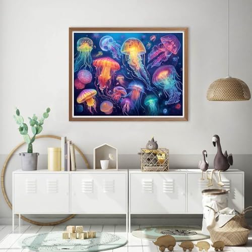 VeGuude Jellyfish Diamond Art Kits for Adults, Full Drill Beach Diamond Painting Kits for Beginners, DIY Full Ocean Rhinestone 5D Diamond dots (Gemstone Craft), Home Wall Decoration (16x12 inch)