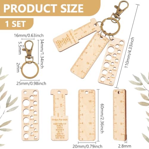 BENECREAT 3Pcs Mini Wooden Gauge Keychains, Knitting Needle Gauge, Yarn Wrap Guide Board, Multifunctional Ruler with Alloy Clasp for Crochet DIY Sewing