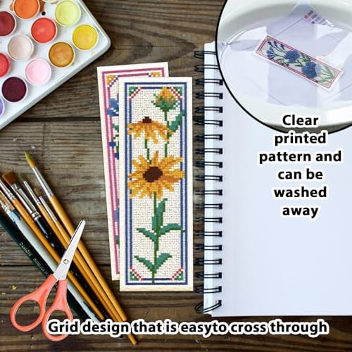 ORIGACH 6 Pcs Flower Cross Stitch Bookmark Kit for Beginner with Backing Felt Floss Instruction Sunflowers Tulip DIY Stamped Embroidery Bookmark Kit for Starter Adults Book Lovers