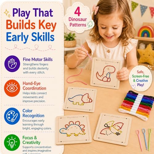 Montessori Wooden Lacing Dinosaur Toys for Toddlers and Kids Ages 2-4 5-7, Sewing Kit Fine Motor Skill Busy Board, Education Sensory Preschool Toy for 1 2 3 4 Year Olds, Birthday Gift for Boys Girls