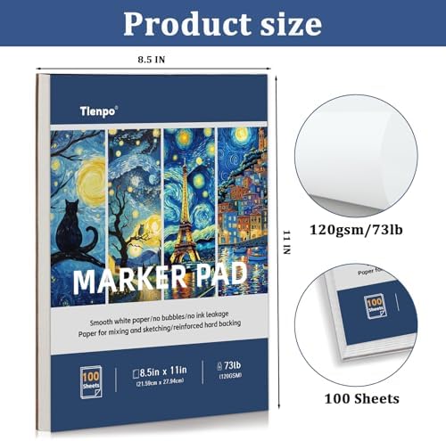 Tlenpo 8.5 x 11 Marker Paper Pad, 100 Sheets Marker Sketchbook Bleedproof, 120gsm/73lb Art Sketch Pad Paper, Painting Coloring Alcohol Marker Paper for Beginners, Artists, Kids