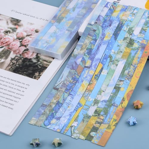 Origami Star Paper Strip, 1200Pcs Double-Sided Printing Lucky Star Paper Strips Van Gogh's Painting Themed Origami for DIY Craft, 12 Patterns