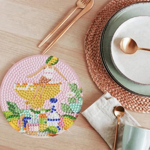 ijbnhd 8 Pcs Cocktail Diamond Art Coasters Kits, 4x4 inch (Cork Wooden Pad)