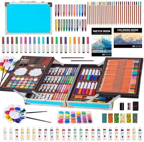 KINSPORY Deluxe Art Supplies Kit for Kids, Boys, Girls, Teens, Ages 5-12, with Sketch Pad, Watercolors, Crayons, Pencils, Markers, Oil Pastels, Palettes, Brushes, Erasers - Blue | Art Supplies Case with 1 Sketchbook & 1 Coloring Book, Art Box for Begin...