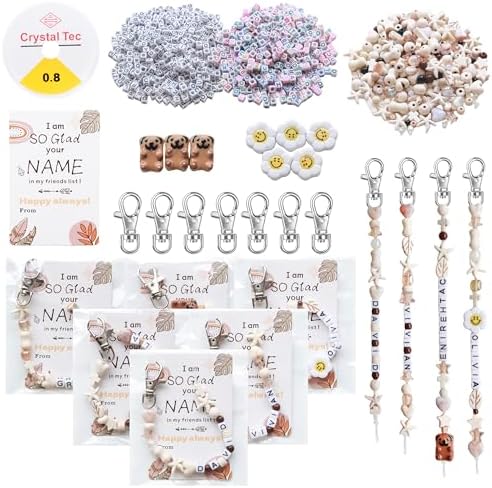 Tuhangcc 16 Set DIY Keychain Making Kit，Adjustable Letter Alphabet Beads Strings,Keychain Bohoemian-Chic Beads, 16 Charm Cards with Lobster Clasps & Strings for Boho Party Favor