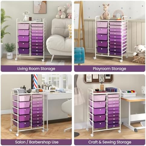 Giantex 15 Drawers Rolling Cart, Classroom Organizers, Storage Cart with Wheels, for Teacher Office Home School Supplies Tool Craft Art Paper, Purple Gradient