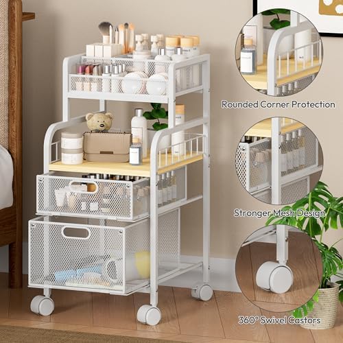SWTYMIKI Rolling Cart with Drawers - Metal Craft Cart with Wheels, DIY Divider and Wood Shelf, Art Supply Organizer for Under Desk Storage, Utility Storage Cart for Home Office Studio, White