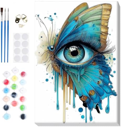 Bowetile Framed Paint by Numbers Eyes Kit for Adults, Adults' Paint-by-Number Kits on Canvas, Painting by Numbers Butterfly, Acrylic Number Painting Gifts for Home Wall Decor, 8x12in