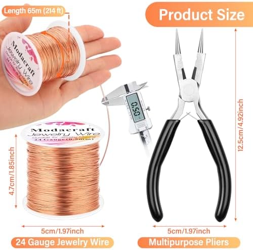 Modacraft 24 Gauge Copper Wire for Jewelry Making - 214FT/0.5mm Tarnish-Resistant Craft Wire with Multi-Functional Pliers - Perfect for DIY Jewelry, Wire Wrapping, Gardening, and Artistic Projects