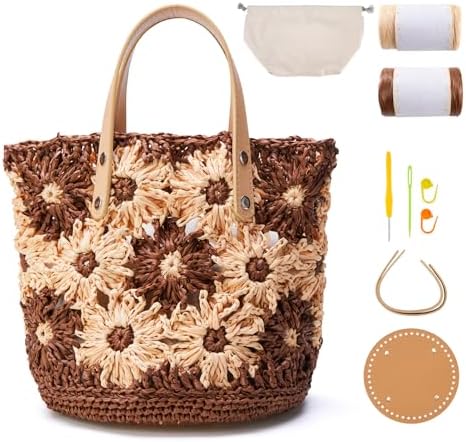 Noocro Crochet Kit for Intermediate or Advanced Level, Floral Raffia Bucket Bag, Purse, Step by Step Video Tutorial, Detailed Instruction Complete Kit Craft Supplies Holiday Gift (Mocha Blossom)