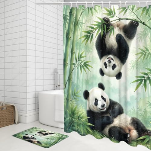 Oil Painting Animal Panda 4Pcs Shower Curtain Sets,Watercolor Spring Forest Bamboo Trees Bathroom Decor Set,Funny Cute Panda Bears Toilet Lid Rug, Bath Mat and Contour Mat