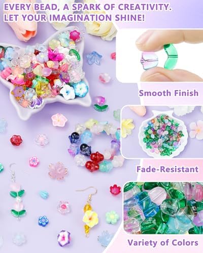 FIVEIZERO Flower Charms, 340PCS Glass Tulip Flower Beads, 17 Colors