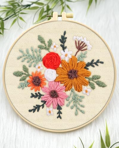 ERKOON Punch Needle Kit Beginners Adults, DIY Easy Flower Embroidery Set for Starter Art Craft, Needling Punching Project with Patterns, Tools, Yarns, Hoop, Instruction (Rainbow Flowers)