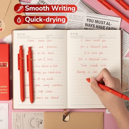 YOXMJDB 6 Pcs Red Ink Pens for Journaling 0.5mm Fine Point Red Gel Ink Pens, Smooth Writing Quick Dry Pen for Note Taking, Gift Set for Women & Men (6 Pcs Red Gold)
