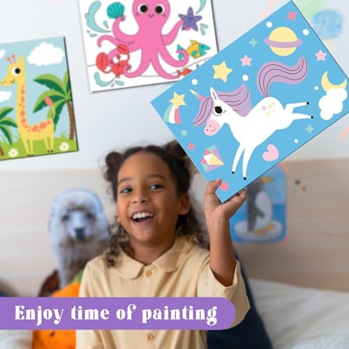 goldentime 8 Packs 5x7 Pre Drawn Canvas Set,Paint by Numbers for Kids,48 Paints 8 Brushes 2 Easels,Pre-Printed Acrylic Oil Painting Kit Ages 8-12 9-12 4-8