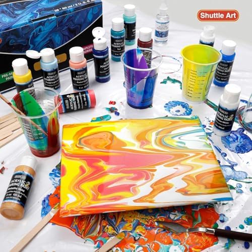 Shuttle Art Acrylic Pouring Paint, Set of 36 Bottles (2 oz/60ml) Pre-Mixed High-Flow Pouring Supplies with Canvas, Silicone Oil, Measuring Cups, Tablecloths, Complete Paint Pouring Kit