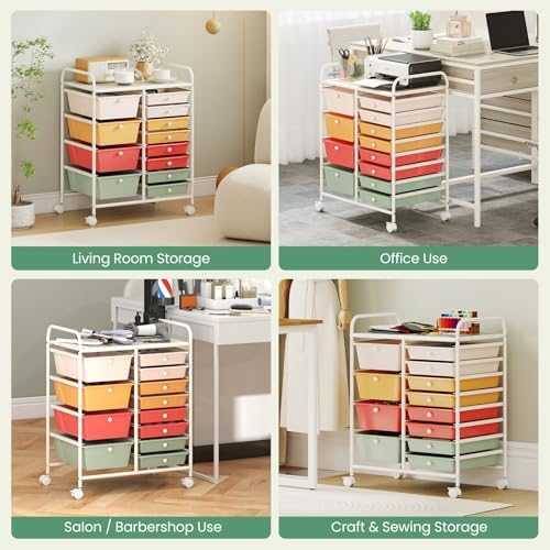 LDAILY 12 Drawer Rolling Storage Cart, Rolling Cart with Drawers for Classroom, Art Supply Craft Organizer on Wheel with Metal Frame & Handles for Home Office School (Macaron, 12 Drawer Left-Right)