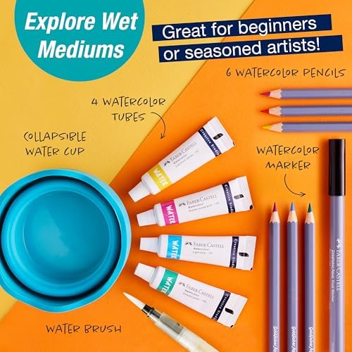Faber-Castell Try It Box: Wet Mediums, 13 Piece Watercolor Art Set including Watercolor Pencils & Paint, Water Brush Pen and Paint Water Cup