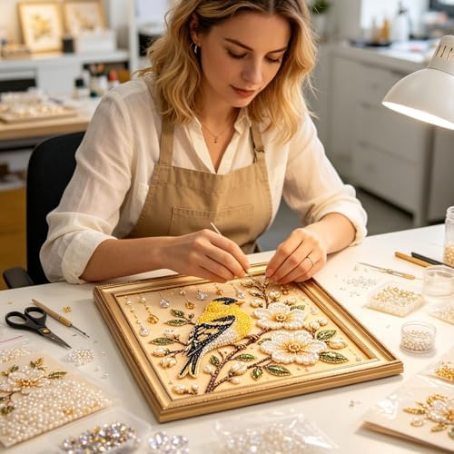Pearl Art Kits for Adults Bird Flower DIY Beaded Embroidery Kits with Crystal Rhinestones Pearl Painting Craft Kit with Pre-Printed Canvas Handmade Home Wall Decor Gift (Yellow Bird)