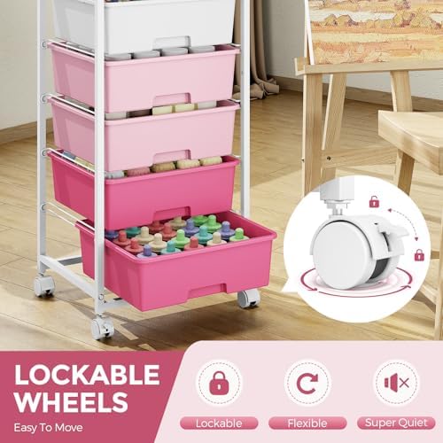 6 Drawer Rolling Storage Cart with Wooden Top and Wheels for Crafts, Pink