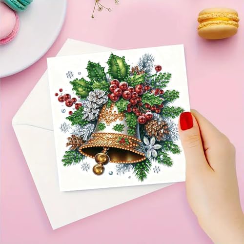 6Pcs Christmas Greeting Card DIY Diamond Art Painting Greeting Cards Blessing Folding Card Kit with White Envelopes Diamond Arts Crafts for Birthday Festival Gift-Bell