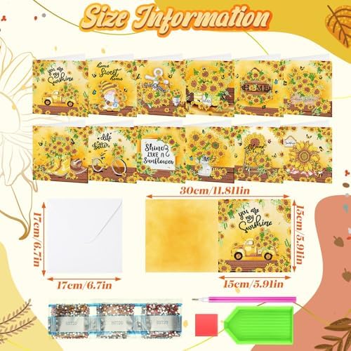Saillong 12 Pack Sunflower Diamond Painting Greeting Card Kits DIY Diamond Art Cards with Envelopes Summer Flowers Gnome 5D Rhinestones Painting Card for Adults DIY Crafts Family Friend Birthday Gifts