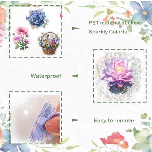 Ychsring Sparkly Botanical Floral Stickers - 50 Pcs Clear PET Glitter Nature Plant Flower Stickers for Scrapbooking, Journal, Collage - Holographic Transparent for Resin, Craft, Scrapbook Supplies