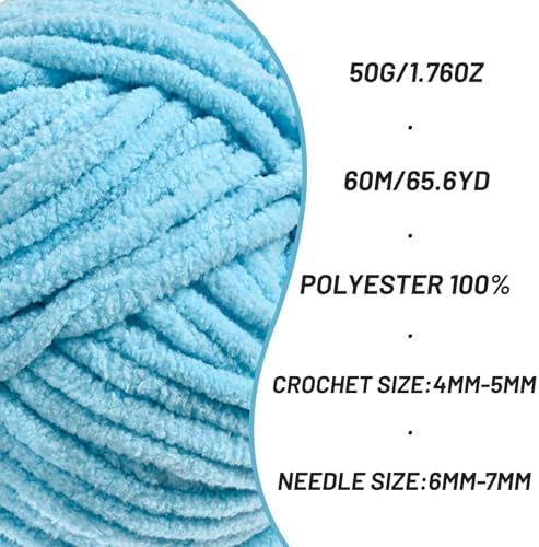 2 Packs Plush Chenille Chunky Crochet Yarn - Baby Yarn for Crocheting Soft - Velvet Yarns Knitting for Blankets Crafts - Fluffy Amigurumi Yarns 100g/131yds (2 Azure)