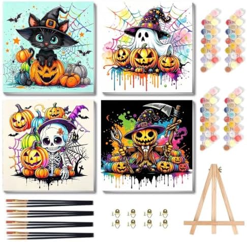 bleihum 4 Pack Halloween Paint by Numbers Kit for Kids with Frame Easel | Ghost Paint by Number Kids Ages 8 12, Easy Black Cat Acrylic Painting for Boys Girls Home Decor 8x8 Inch