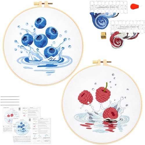 Armindou 2Set Embroidery Kits with Fruit Pattern for Beginners Adults, Hand Embroidery Needlepoint DIY Kits, Stamped Cross Stitch Kits for Beginners Adult, 2 Embroidery Hoops (Attached Video Tutorial)