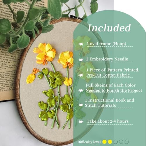FONNUY Ribbon Embroidery 3D Flowers Pattern Design Kit Embroidery DIY Handwork Set Oval Home Decoration (Yellow Begonia)