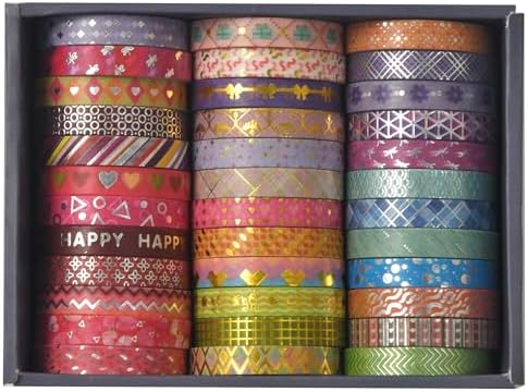 36 Rolls Skinny Washi Tape Set Gold Foil Detailing Arts Adhesive Tapes Basic Patterns Decorative Masking Tape Sets for Craft, Kids, Scrapbook, DIY, Gift Wrapping (Kawaii)