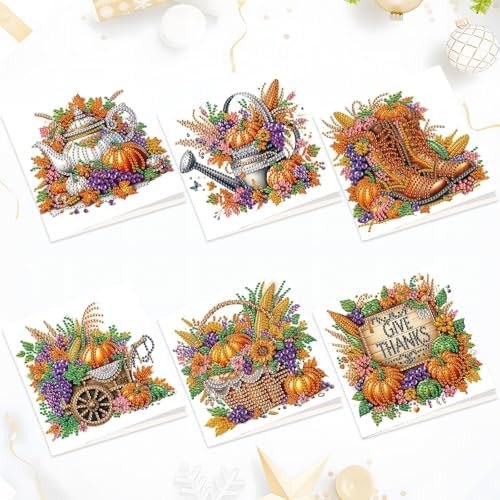 6 Pack Thanksgiving Diamond Painting Greeting Card Kits, DIY Fall Harvest Rhinestone Cards with Envelopes, Autumn-Themed Diamond Art Craft Set with Pumpkins, Corn, Grapes and Give Thanks Message