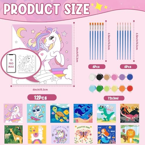 CONDA 12 Pcs Pre Drawn Canvas to Paint 6x6 Inch, Animal Pre Printed Canvas for Painting with 12 Acrylic Paint Sets and 12 Brushes for Kids Beginners Students, DIY Paint Art Supplies