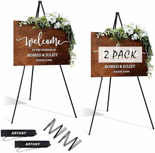 ARTASY 63" Easel Stand for Wedding Signs, Black, 2 Packs with Carry Bags