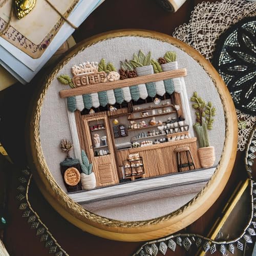 FONNUY Coffee Shop Embroidery Kit, Vintage Cafe Pre-Stamped Pattern Kits Handmade DIY Embroidery Set Suitable for Both Adults and Beginners Color Thread Needlework, 8'' Hoop (SkyBlue)